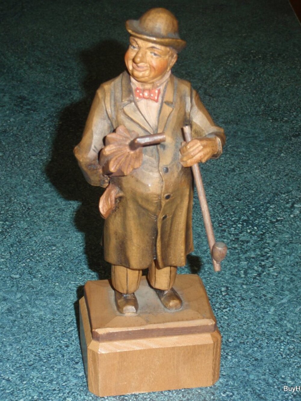 "Man With Umbrella & Pipe" ANRI Hand Carved Wood Signed By ULRICH BERNARDI RARE!